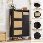 Meuble à chaussures autoportant CuisinSmart à 3 niveaux avec rotin naturel, organisateur de chaussures avec étagères réglables, range-chaussures étroit pour couloir, noir
