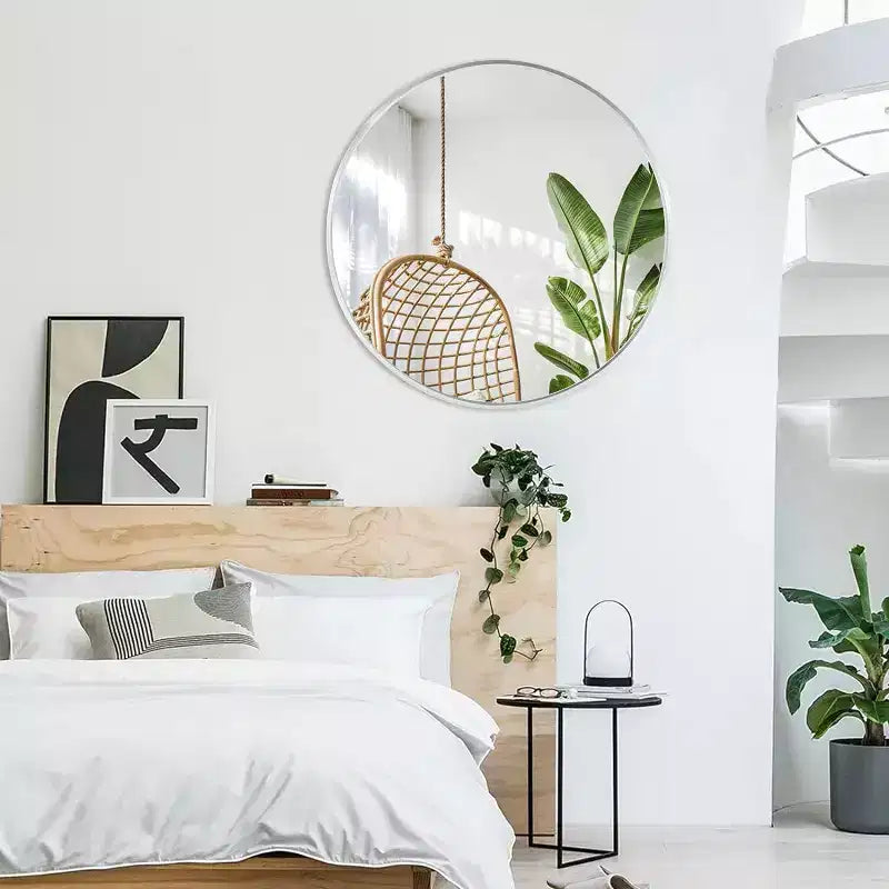 Miroir de courtoisie rond moderne en métal argenté à fixation murale pour salle de bain