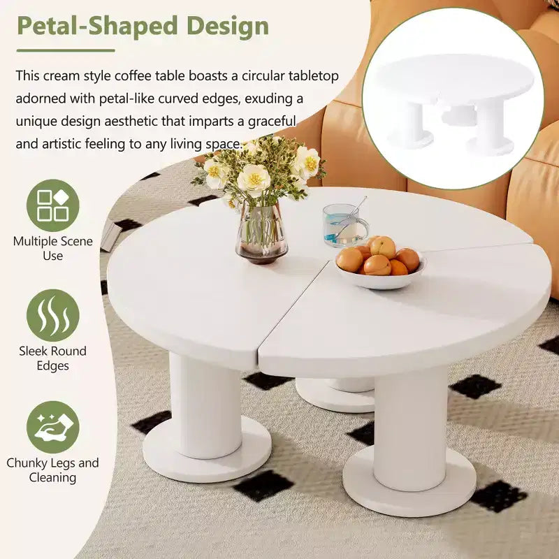 Table basse ronde CLIHOME en forme de pétale, table basse de style crème avec 3 pieds épais, table d'appoint irrégulière minimaliste aux bords ronds et élégants