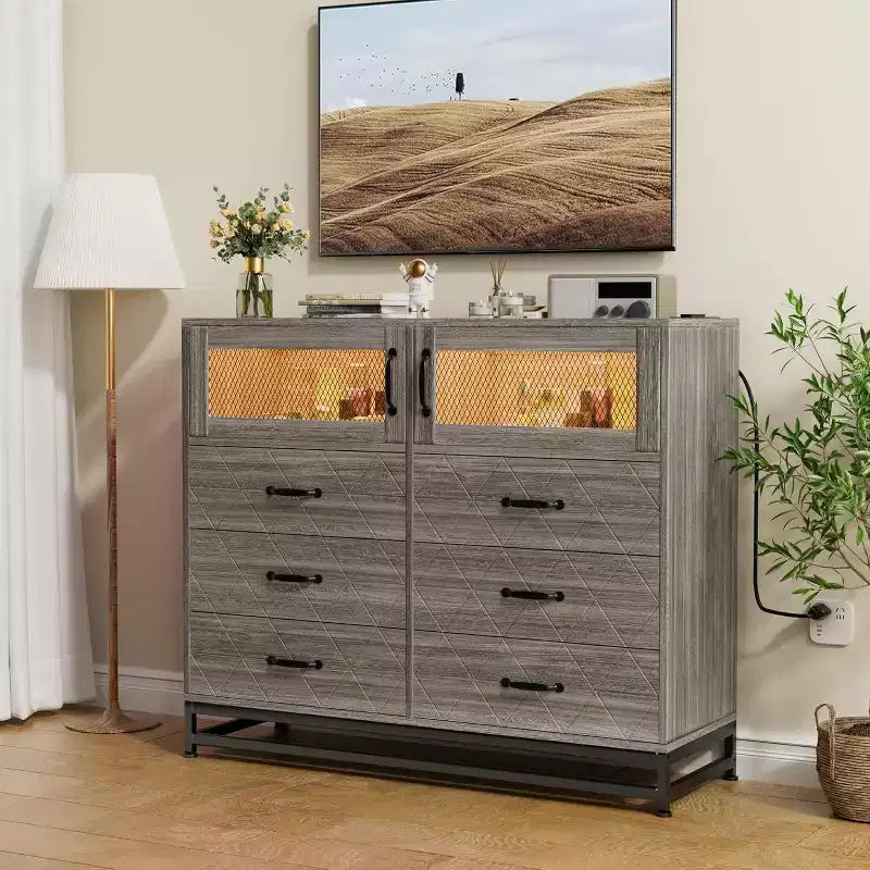 1 Commode 6 tiroirs avec ports USB et lumières RVB - Armoire de rangement 2 portes pour chambre/salon