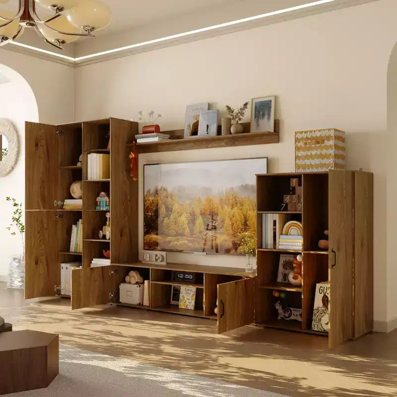Meuble TV mural Famapy grand système de meuble avec bibliothèque et rangement TV pour salon en chêne