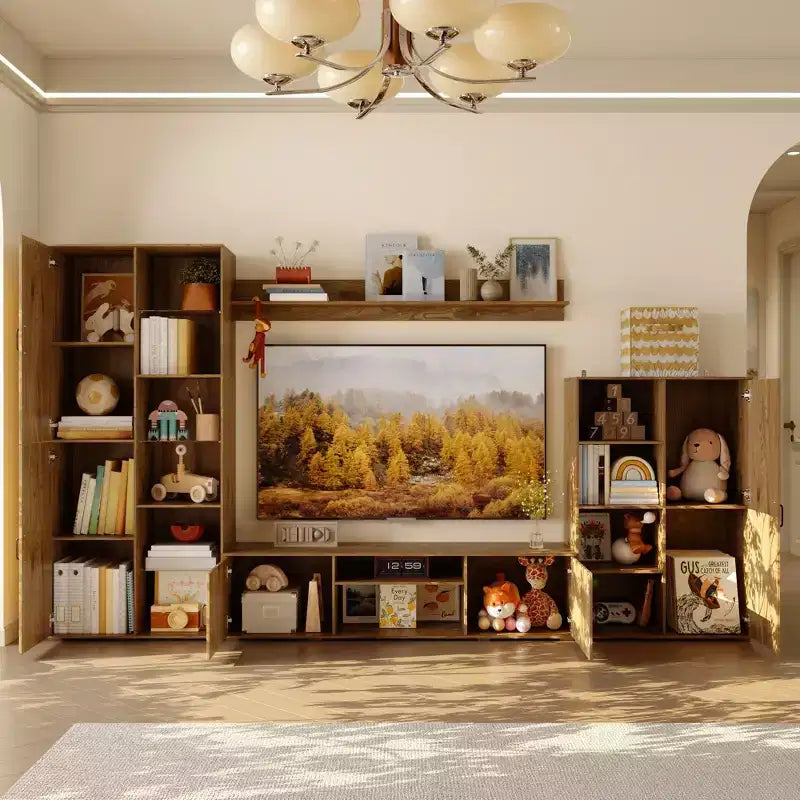 Meuble TV mural Famapy grand système de meuble avec bibliothèque et rangement TV pour salon en chêne