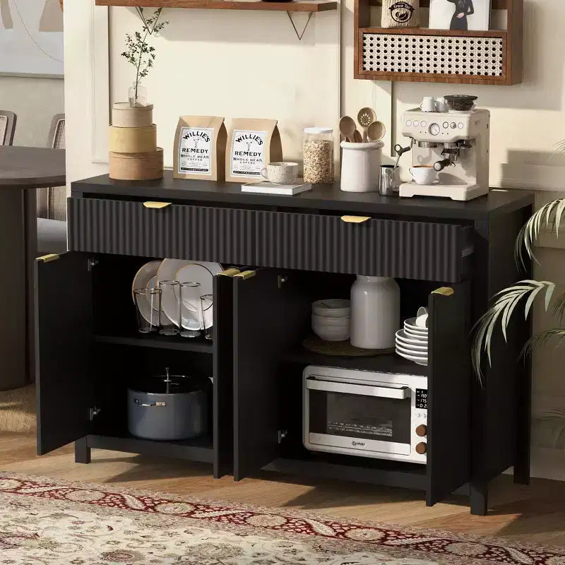 Buffet moderne motif vague avec 2 tiroirs et 4 portes, étagères réglables sur 3 niveaux