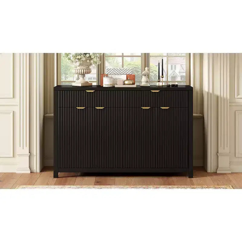 Buffet moderne motif vague avec 2 tiroirs et 4 portes, étagères réglables sur 3 niveaux