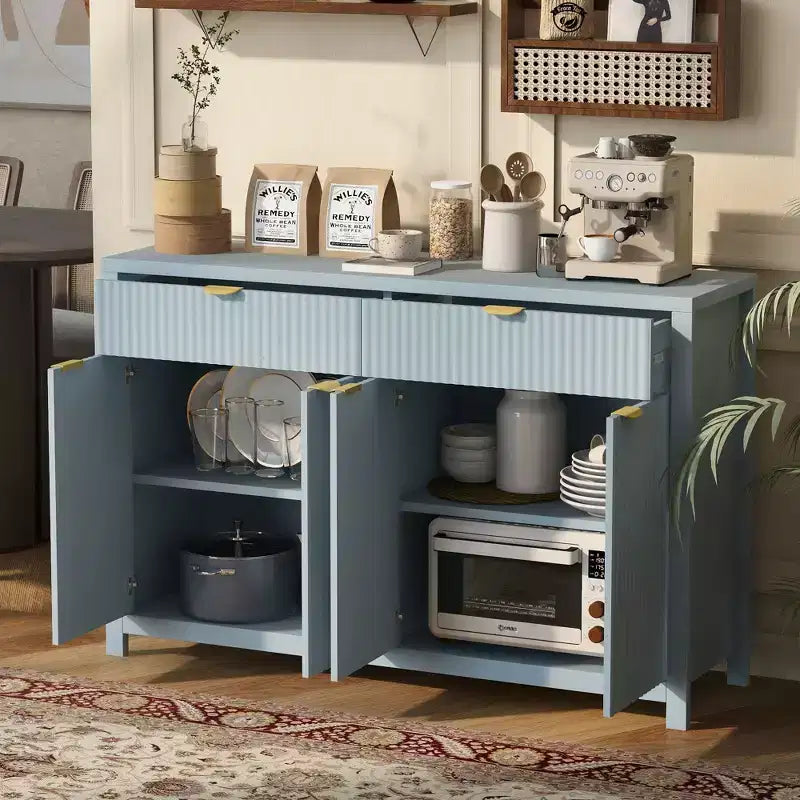 Buffet moderne motif vague avec 2 tiroirs et 4 portes, étagères réglables sur 3 niveaux