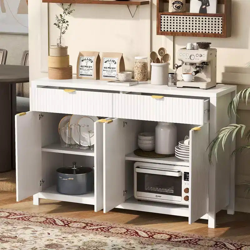 Buffet moderne motif vague avec 2 tiroirs et 4 portes, étagères réglables sur 3 niveaux