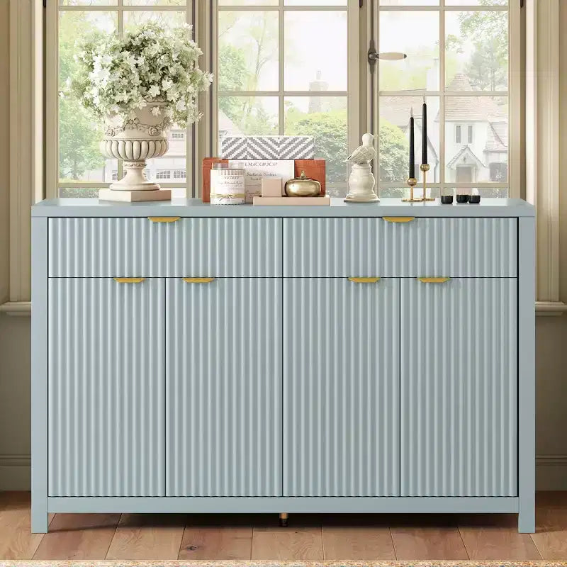 Buffet moderne motif vague avec 2 tiroirs et 4 portes, étagères réglables sur 3 niveaux