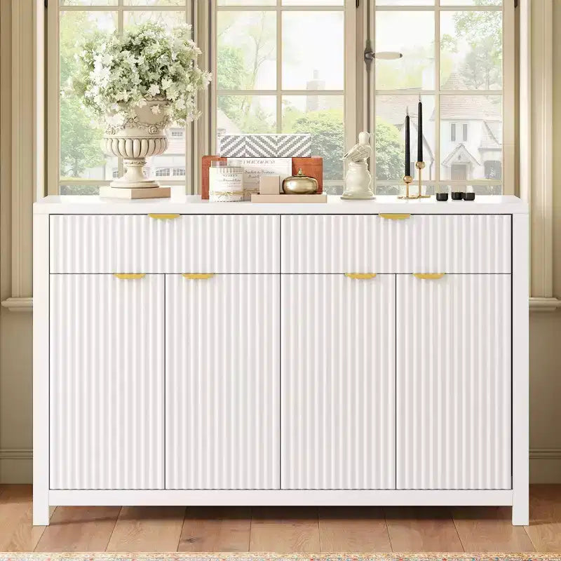Buffet moderne motif vague avec 2 tiroirs et 4 portes, étagères réglables sur 3 niveaux