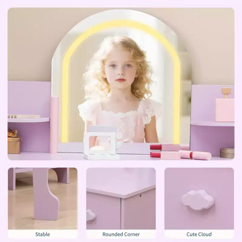 Coiffeuse pour enfants avec miroir, table et tabouret de coiffeuse 2 en 1 pour petites filles, table de maquillage pour enfants avec étagère, tiroir et étagères ouvertes pour les filles de 3 à 9 ans