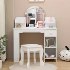 Coiffeuse pour enfants avec miroir, table et tabouret de coiffeuse 2 en 1 pour petites filles, table de maquillage pour enfants avec étagère, tiroir et étagères ouvertes pour les filles de 3 à 9 ans