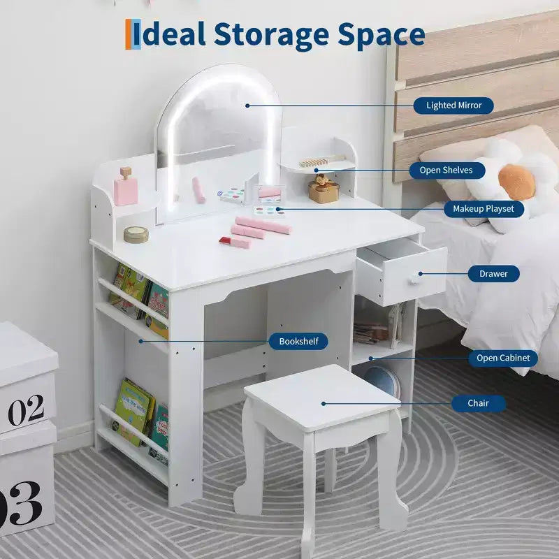 Coiffeuse pour enfants avec miroir, table et tabouret de coiffeuse 2 en 1 pour petites filles, table de maquillage pour enfants avec étagère, tiroir et étagères ouvertes pour les filles de 3 à 9 ans