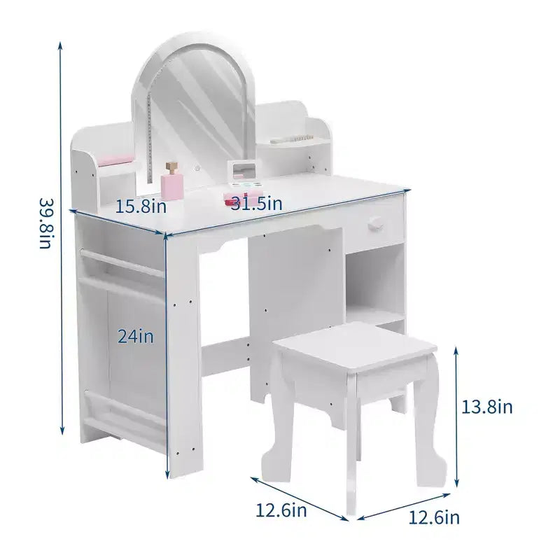 Coiffeuse pour enfants avec miroir, table et tabouret de coiffeuse 2 en 1 pour petites filles, table de maquillage pour enfants avec étagère, tiroir et étagères ouvertes pour les filles de 3 à 9 ans