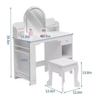 Coiffeuse pour enfants avec miroir, table et tabouret de coiffeuse 2 en 1 pour petites filles, table de maquillage pour enfants avec étagère, tiroir et étagères ouvertes pour les filles de 3 à 9 ans