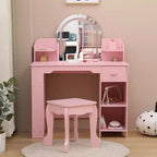 Coiffeuse pour enfants avec miroir, table et tabouret de coiffeuse 2 en 1 pour petites filles, table de maquillage pour enfants avec étagère, tiroir et étagères ouvertes pour les filles de 3 à 9 ans