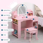 Coiffeuse pour enfants avec miroir, table et tabouret de coiffeuse 2 en 1 pour petites filles, table de maquillage pour enfants avec étagère, tiroir et étagères ouvertes pour les filles de 3 à 9 ans