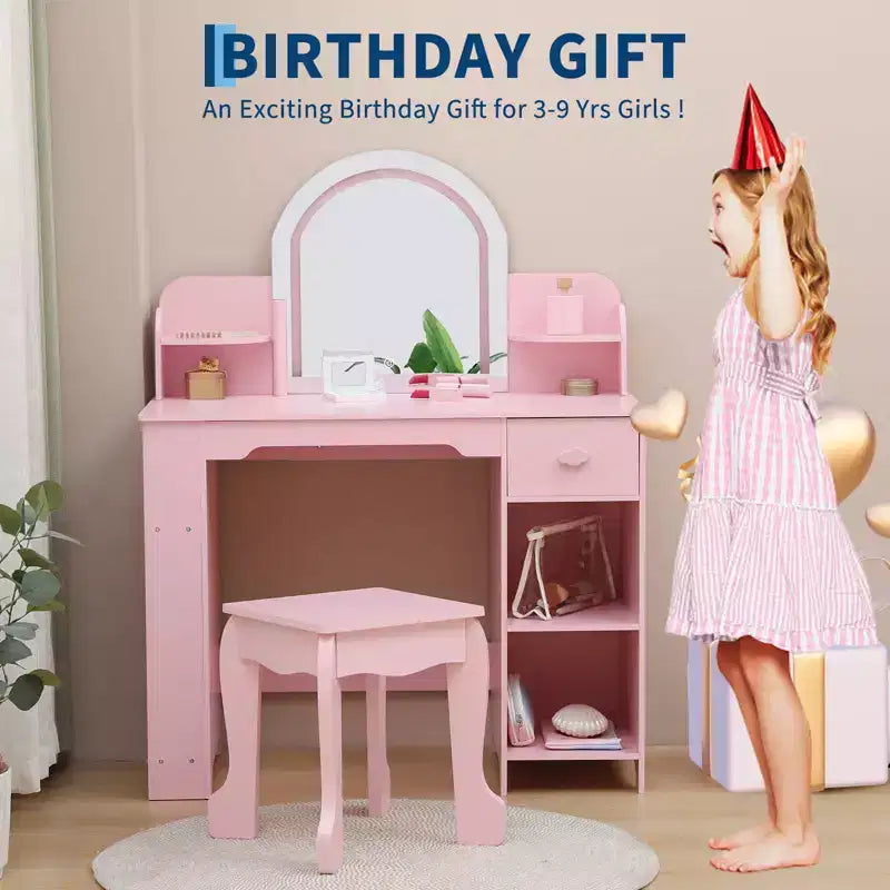 Coiffeuse pour enfants avec miroir, table et tabouret de coiffeuse 2 en 1 pour petites filles, table de maquillage pour enfants avec étagère, tiroir et étagères ouvertes pour les filles de 3 à 9 ans