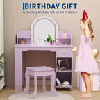 Coiffeuse pour enfants avec miroir, table et tabouret de coiffeuse 2 en 1 pour petites filles, table de maquillage pour enfants avec étagère, tiroir et étagères ouvertes pour les filles de 3 à 9 ans