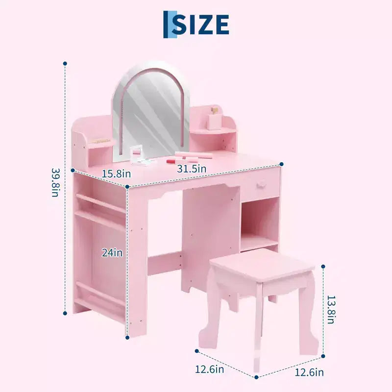 Coiffeuse pour enfants avec miroir, table et tabouret de coiffeuse 2 en 1 pour petites filles, table de maquillage pour enfants avec étagère, tiroir et étagères ouvertes pour les filles de 3 à 9 ans