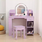 Coiffeuse pour enfants avec miroir, table et tabouret de coiffeuse 2 en 1 pour petites filles, table de maquillage pour enfants avec étagère, tiroir et étagères ouvertes pour les filles de 3 à 9 ans