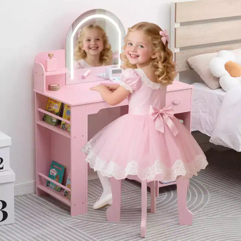 Kids Vanity Desk with Mirror, 2 In 1 Little Girls Vanity Table & Stool, Kids Makeup Table with Bookshelf, Drawer & Open Shelves for 3-9 Yrs Girls