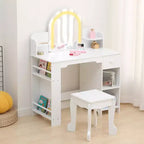 Coiffeuse pour enfants avec miroir, table et tabouret de coiffeuse 2 en 1 pour petites filles, table de maquillage pour enfants avec étagère, tiroir et étagères ouvertes pour les filles de 3 à 9 ans