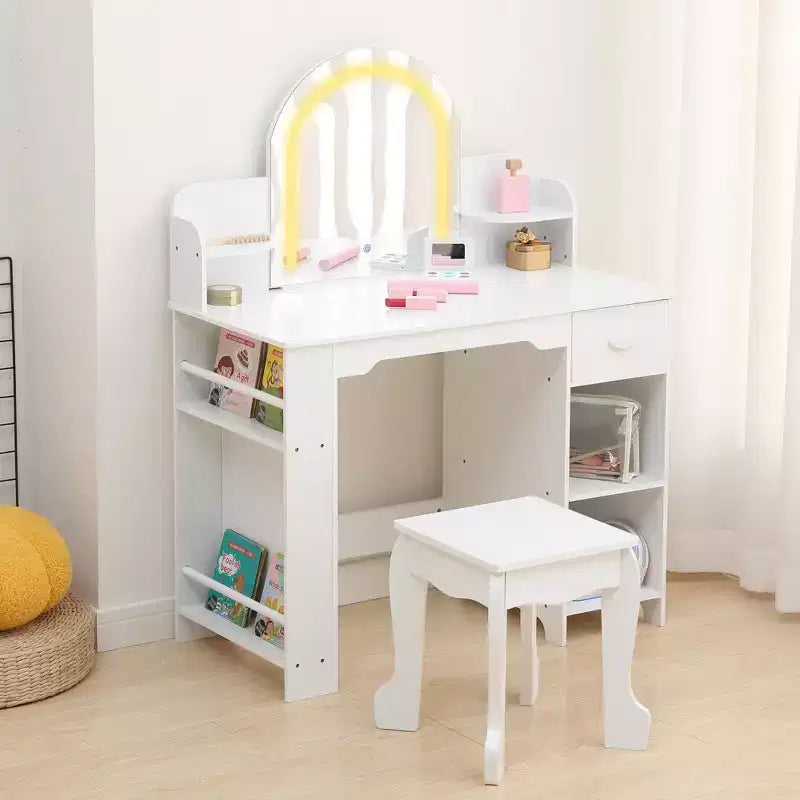 Coiffeuse pour enfants avec miroir, table et tabouret de coiffeuse 2 en 1 pour petites filles, table de maquillage pour enfants avec étagère, tiroir et étagères ouvertes pour les filles de 3 à 9 ans