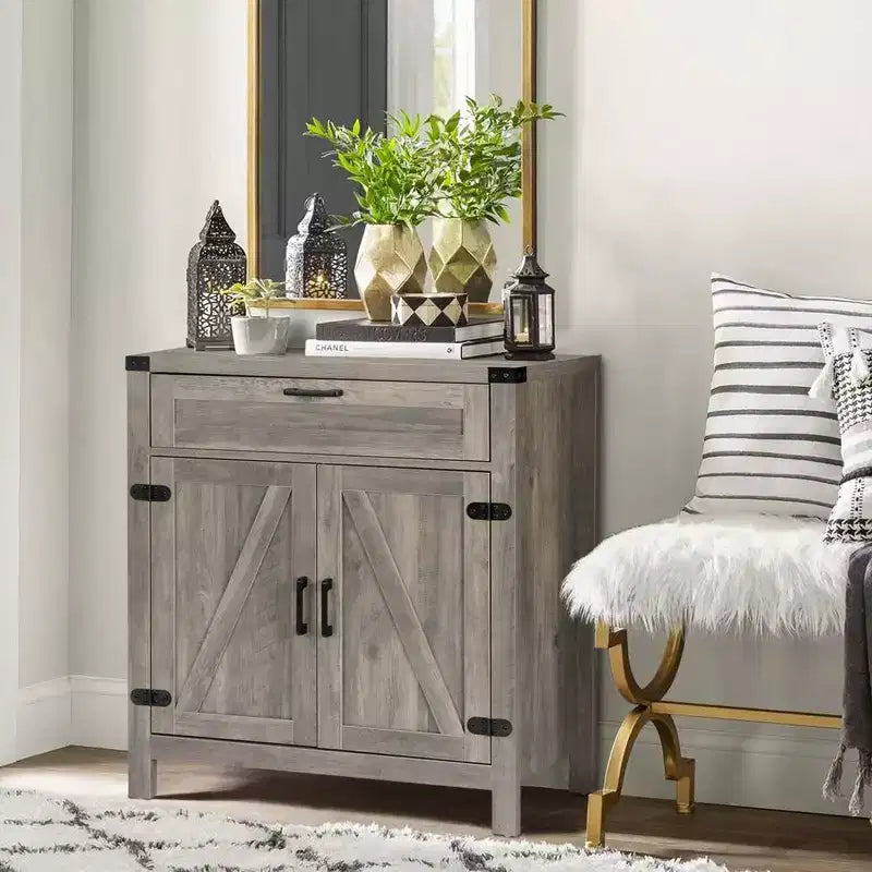 VINGLI Buffet de salle à manger/desserte moderne de style ferme avec tiroir, meuble de rangement avec portes et étagères réglables, station de café, gris cendré