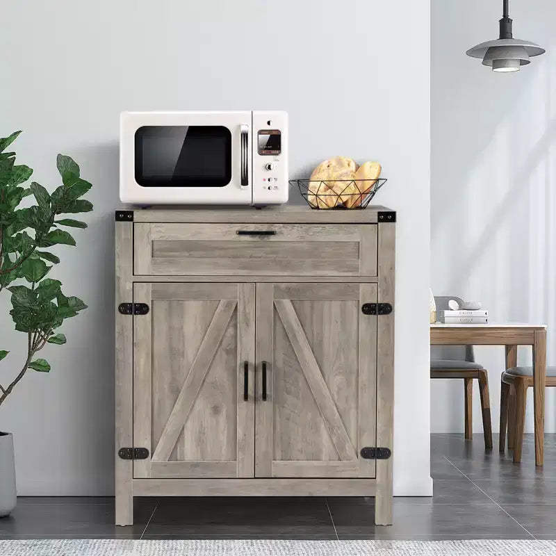VINGLI Buffet de salle à manger/desserte moderne de style ferme avec tiroir, meuble de rangement avec portes et étagères réglables, station de café, gris cendré