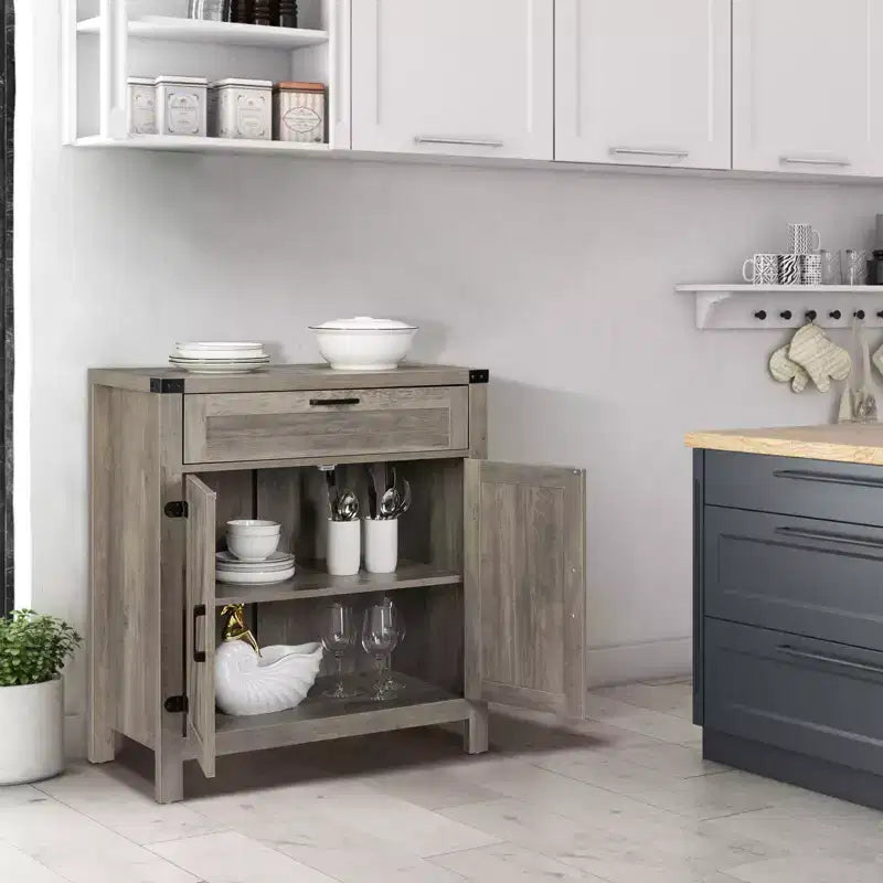 VINGLI Buffet de salle à manger/desserte moderne de style ferme avec tiroir, meuble de rangement avec portes et étagères réglables, station de café, gris cendré