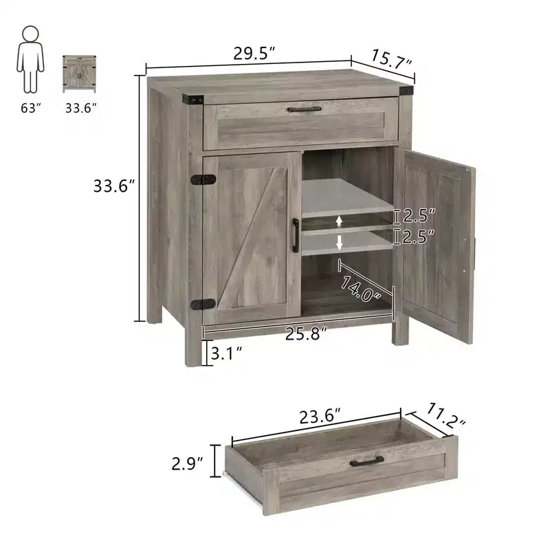 VINGLI Buffet de salle à manger/desserte moderne de style ferme avec tiroir, meuble de rangement avec portes et étagères réglables, station de café, gris cendré
