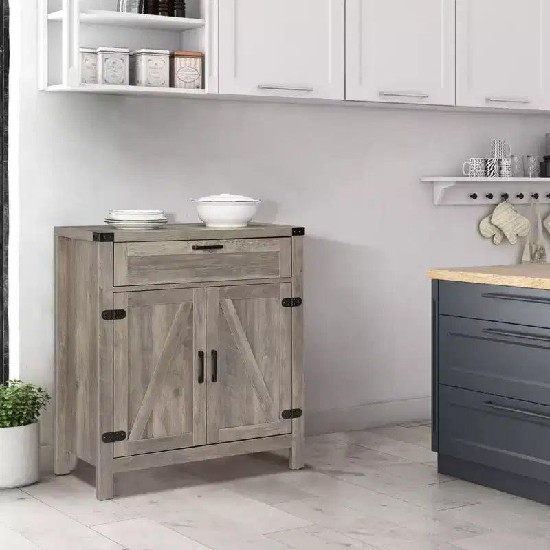 VINGLI Buffet de salle à manger/desserte moderne de style ferme avec tiroir, meuble de rangement avec portes et étagères réglables, station de café, gris cendré