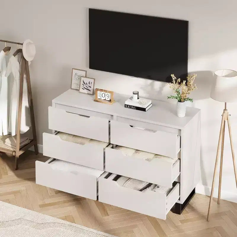 Commode 6 tiroirs pour chambre, Commode large, Meuble de rangement vertical autoportant, Commode de rangement en bois pour salon, couloir, entrée
