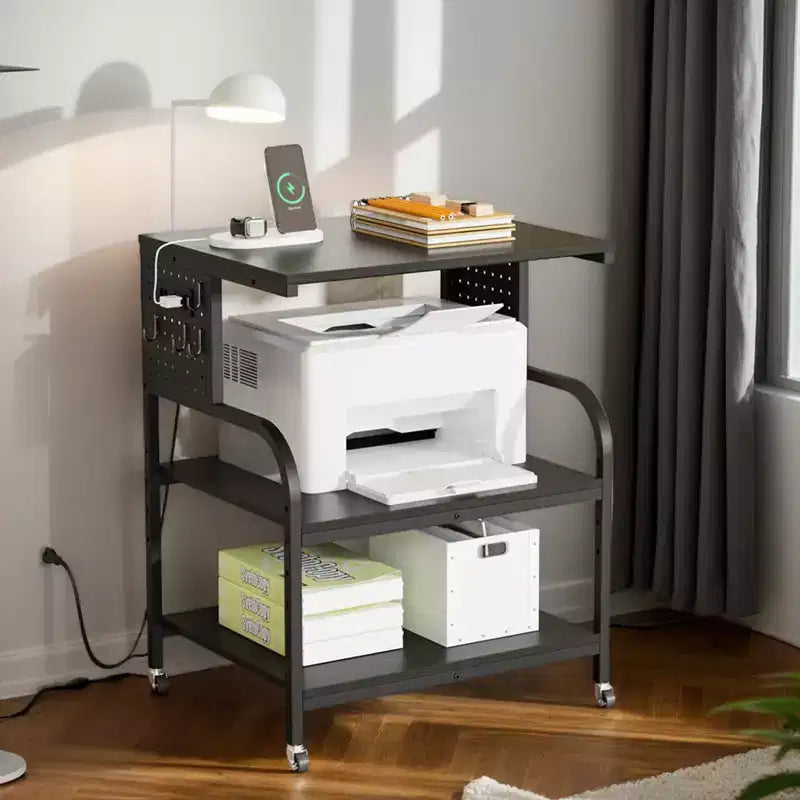 VINGLI Meuble Imprimante 3 Niveaux avec Prise de Courant/Port USB, Chariot Imprimante Roulant avec Étagère Réglable, Table pour Imprimante Laser (Noir)