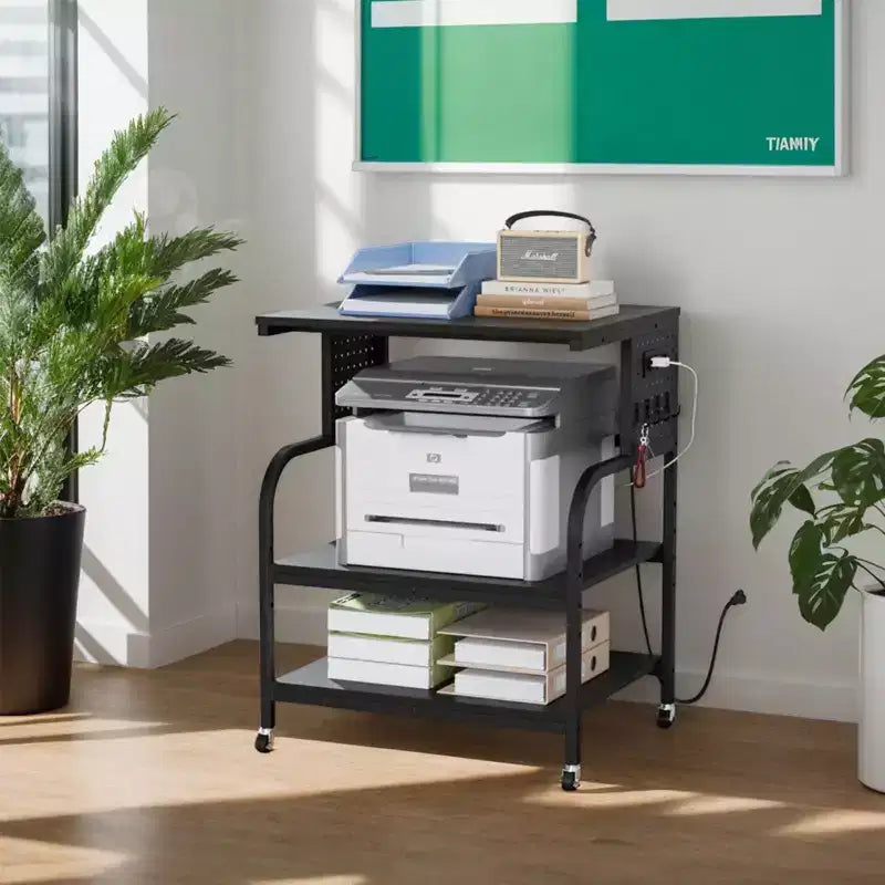 VINGLI Meuble Imprimante 3 Niveaux avec Prise de Courant/Port USB, Chariot Imprimante Roulant avec Étagère Réglable, Table pour Imprimante Laser (Noir)