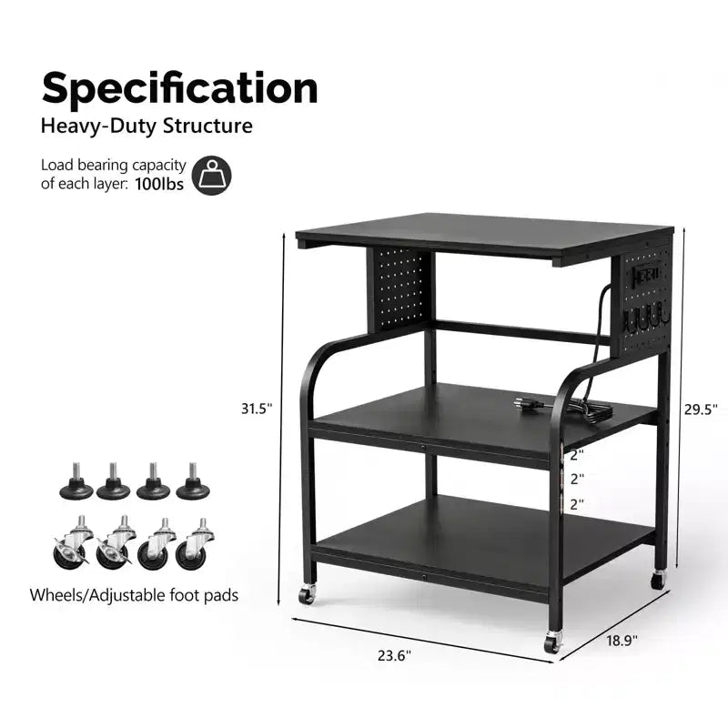 VINGLI Meuble Imprimante 3 Niveaux avec Prise de Courant/Port USB, Chariot Imprimante Roulant avec Étagère Réglable, Table pour Imprimante Laser (Noir)