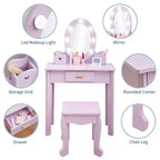 Coiffeuse Princesse CuisinSmart pour Filles avec Miroir Lumineux, Table de Maquillage et Tabouret - Ensemble de Jeu en Bois pour Enfant de 3 à 9 Ans