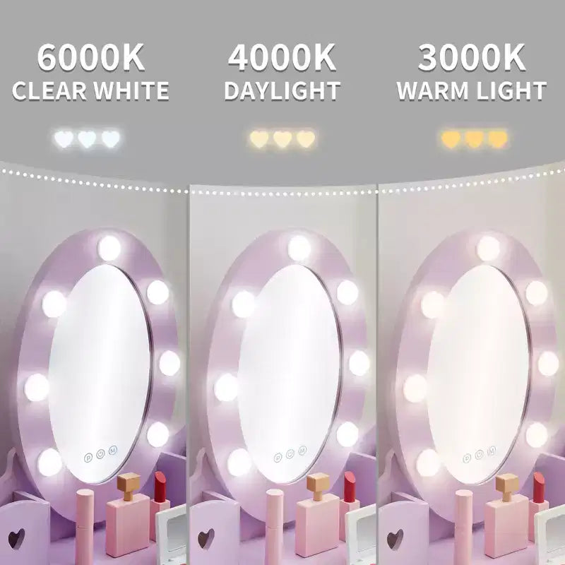 Coiffeuse Princesse CuisinSmart pour Filles avec Miroir Lumineux, Table de Maquillage et Tabouret - Ensemble de Jeu en Bois pour Enfant de 3 à 9 Ans