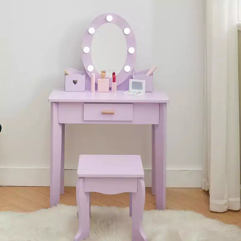 Coiffeuse Princesse CuisinSmart pour Filles avec Miroir Lumineux, Table de Maquillage et Tabouret - Ensemble de Jeu en Bois pour Enfant de 3 à 9 Ans