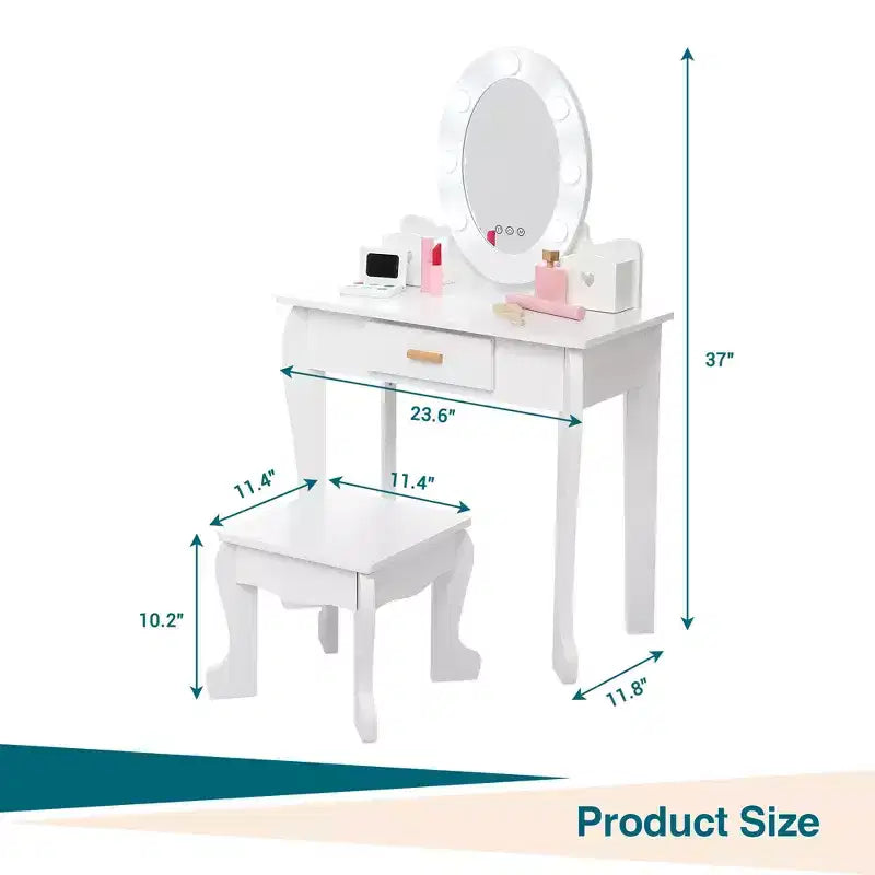 Coiffeuse Princesse CuisinSmart pour Filles avec Miroir Lumineux, Table de Maquillage et Tabouret - Ensemble de Jeu en Bois pour Enfant de 3 à 9 Ans