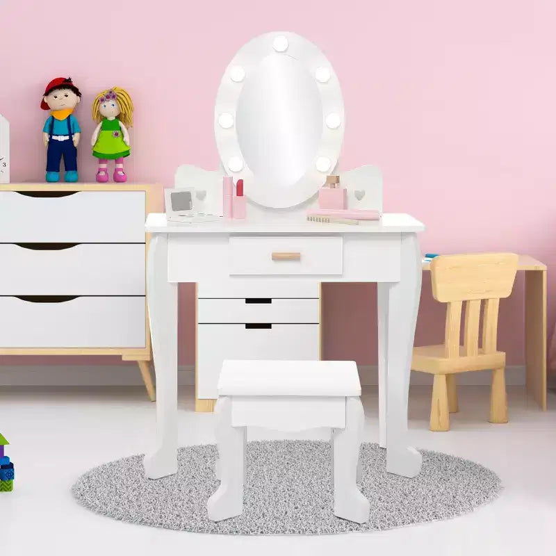 Coiffeuse Princesse CuisinSmart pour Filles avec Miroir Lumineux, Table de Maquillage et Tabouret - Ensemble de Jeu en Bois pour Enfant de 3 à 9 Ans