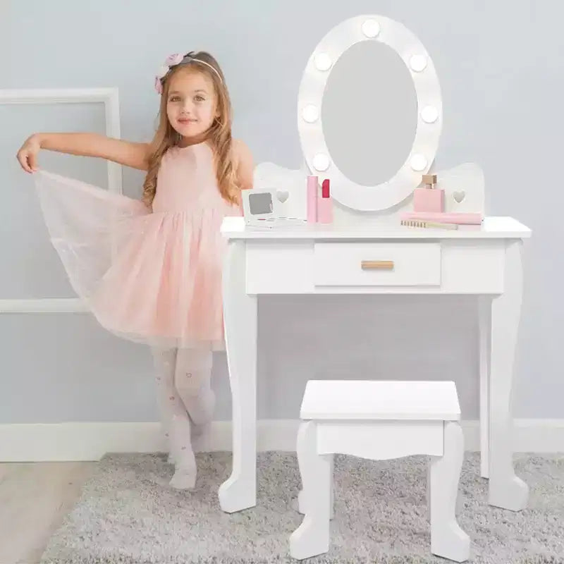 Coiffeuse Princesse CuisinSmart pour Filles avec Miroir Lumineux, Table de Maquillage et Tabouret - Ensemble de Jeu en Bois pour Enfant de 3 à 9 Ans