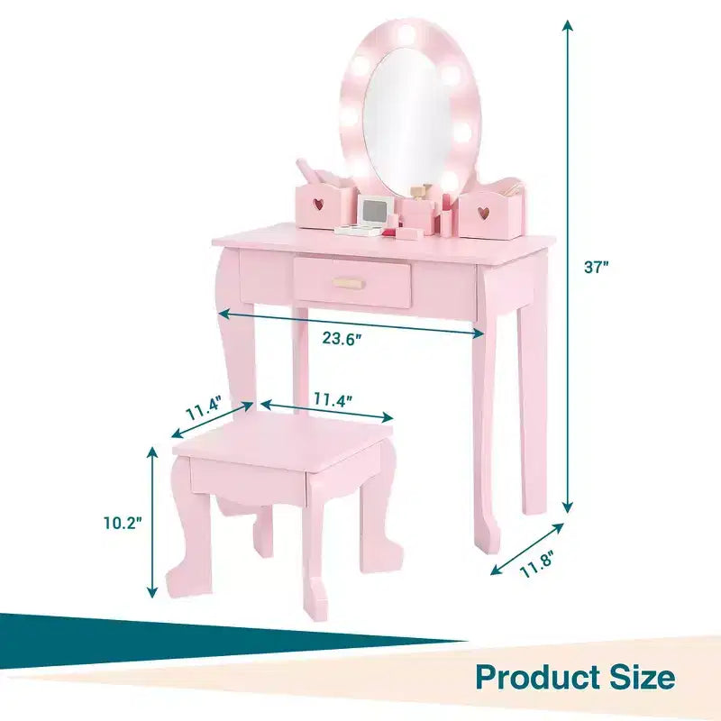 Coiffeuse Princesse CuisinSmart pour Filles avec Miroir Lumineux, Table de Maquillage et Tabouret - Ensemble de Jeu en Bois pour Enfant de 3 à 9 Ans
