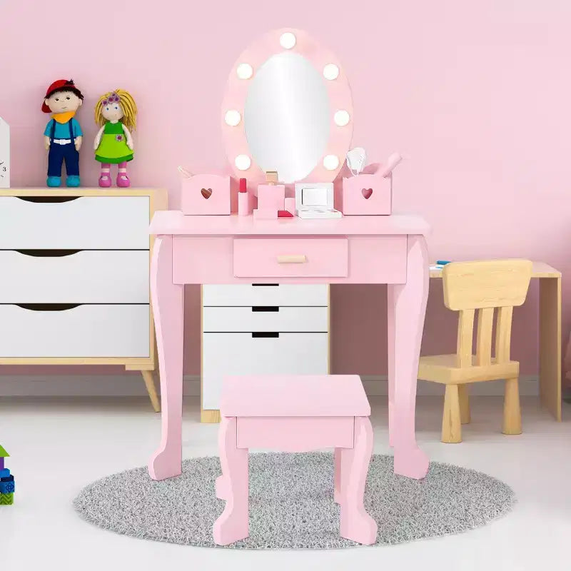 Coiffeuse Princesse CuisinSmart pour Filles avec Miroir Lumineux, Table de Maquillage et Tabouret - Ensemble de Jeu en Bois pour Enfant de 3 à 9 Ans