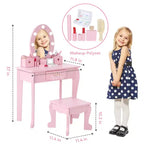 Coiffeuse Princesse CuisinSmart pour Filles avec Miroir Lumineux, Table de Maquillage et Tabouret - Ensemble de Jeu en Bois pour Enfant de 3 à 9 Ans