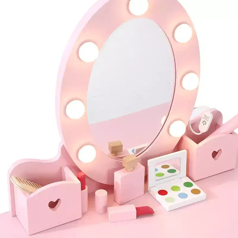 Coiffeuse Princesse CuisinSmart pour Filles avec Miroir Lumineux, Table de Maquillage et Tabouret - Ensemble de Jeu en Bois pour Enfant de 3 à 9 Ans