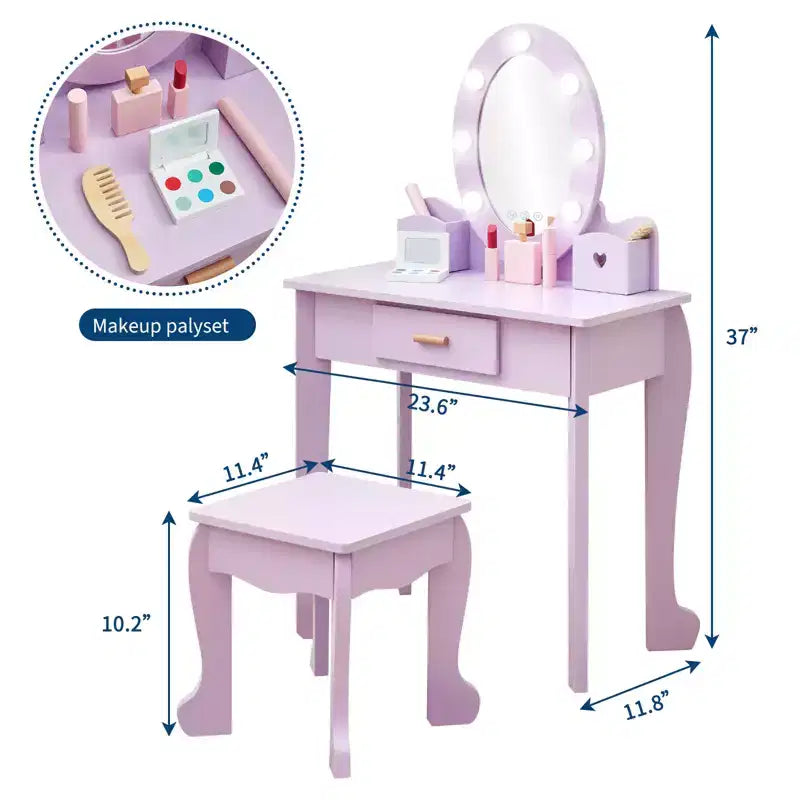 Coiffeuse Princesse CuisinSmart pour Filles avec Miroir Lumineux, Table de Maquillage et Tabouret - Ensemble de Jeu en Bois pour Enfant de 3 à 9 Ans