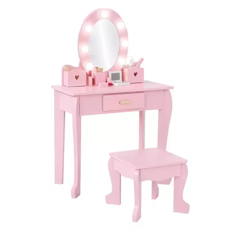 CuisinSmart Princess Vanity Set for Girls with Light-Up Mirror, Makeup Table & Stool  Wooden Dress-Up Playset for Ages 3-9