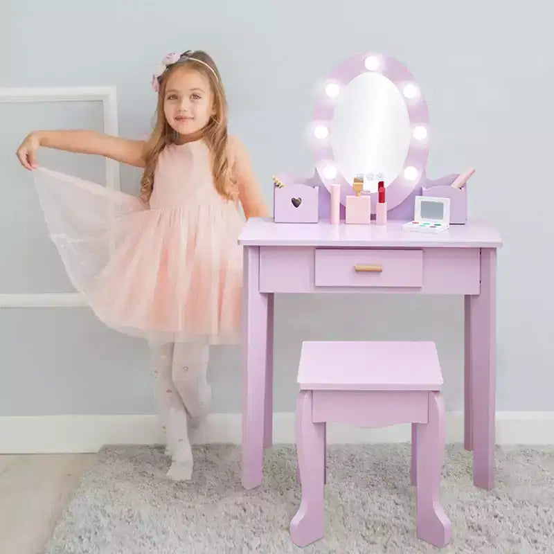 Coiffeuse Princesse CuisinSmart pour Filles avec Miroir Lumineux, Table de Maquillage et Tabouret - Ensemble de Jeu en Bois pour Enfant de 3 à 9 Ans