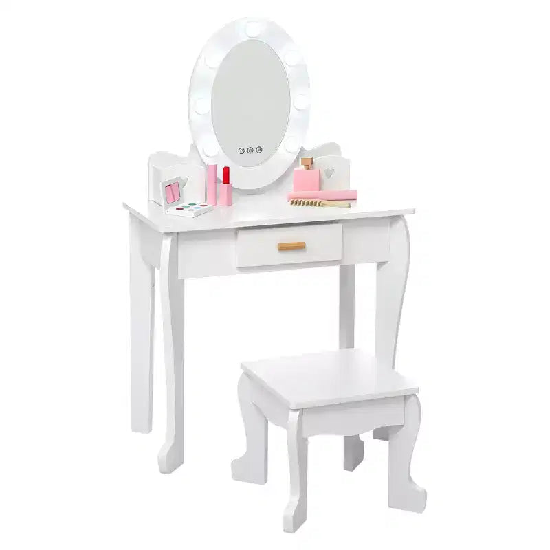 Coiffeuse Princesse CuisinSmart pour Filles avec Miroir Lumineux, Table de Maquillage et Tabouret - Ensemble de Jeu en Bois pour Enfant de 3 à 9 Ans