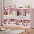 Kids Bookcase with Toy Storage - 4-Cubby Wooden Bookshelf with 3 Drawers & Slanted Toy Bins for Nursery, Playroom (Pink)